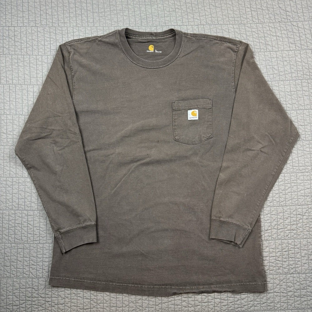 Carhartt Shirt Men Large Brown Faded Workwear Logo Distressed‎ Long Sleeve